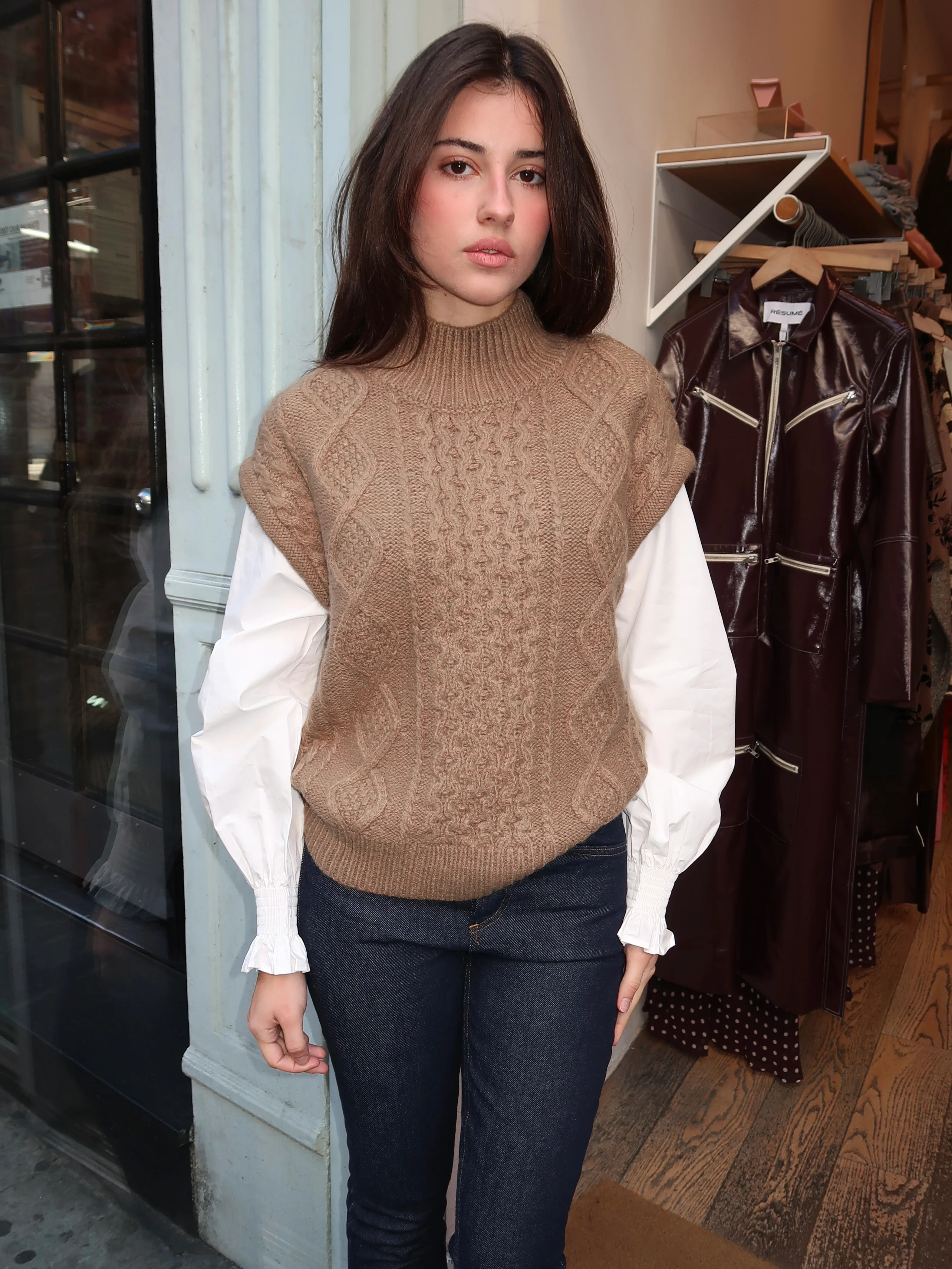 Angeline Mixed Media Sweater in Khaki - Image 4