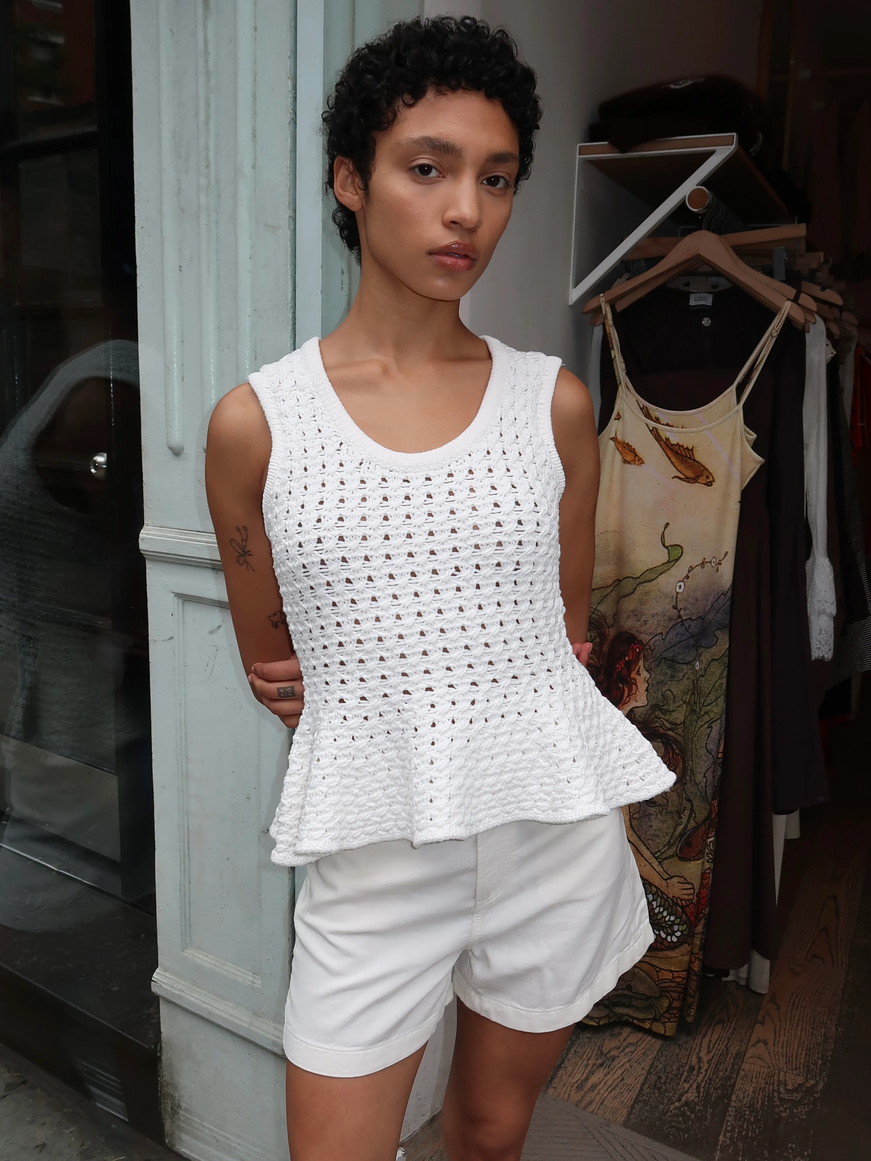 Anna Peplum Openwork Sweater Tank in White - Image 4