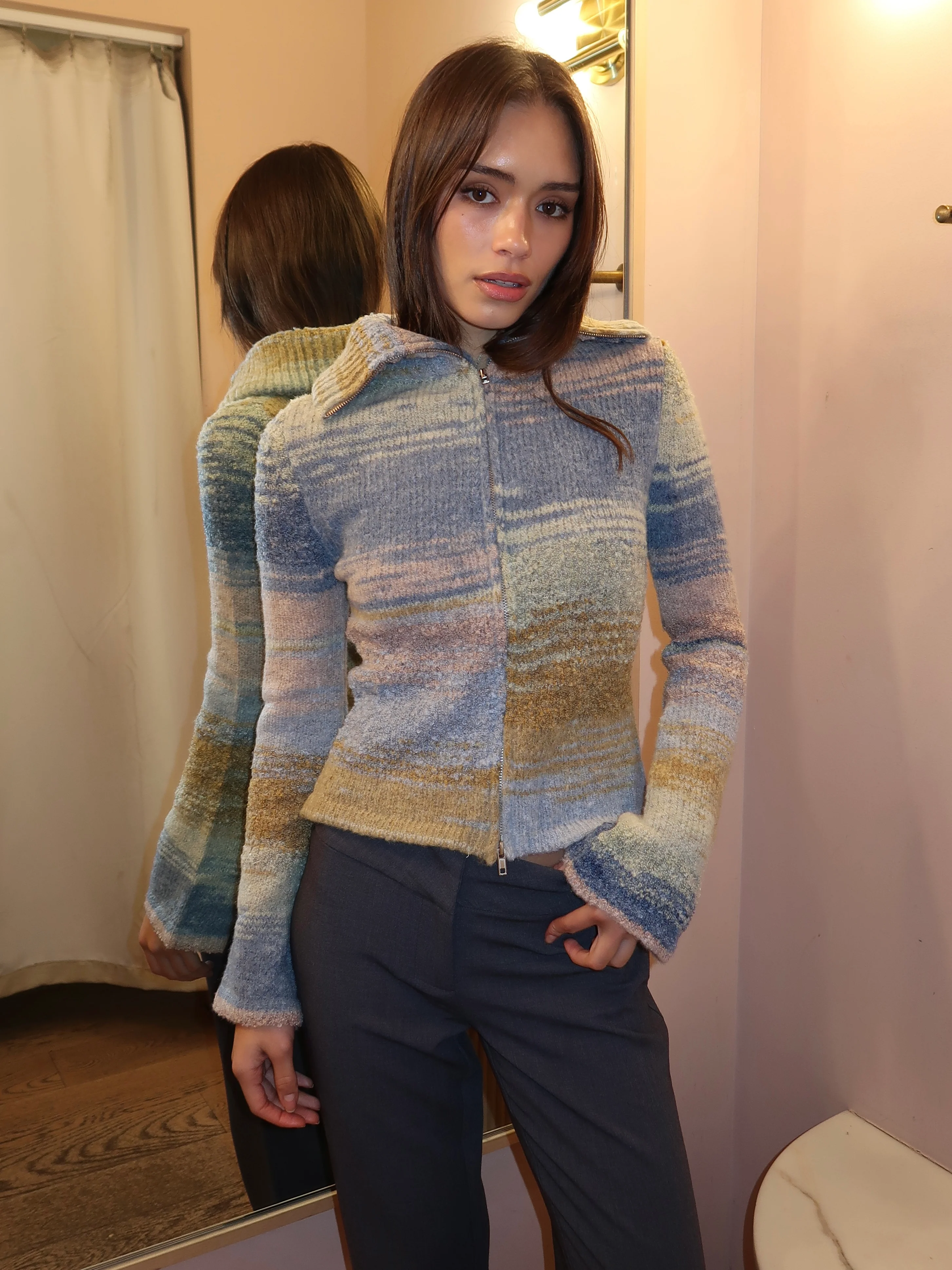 Danielle Knit Zip Up in Multi Olive