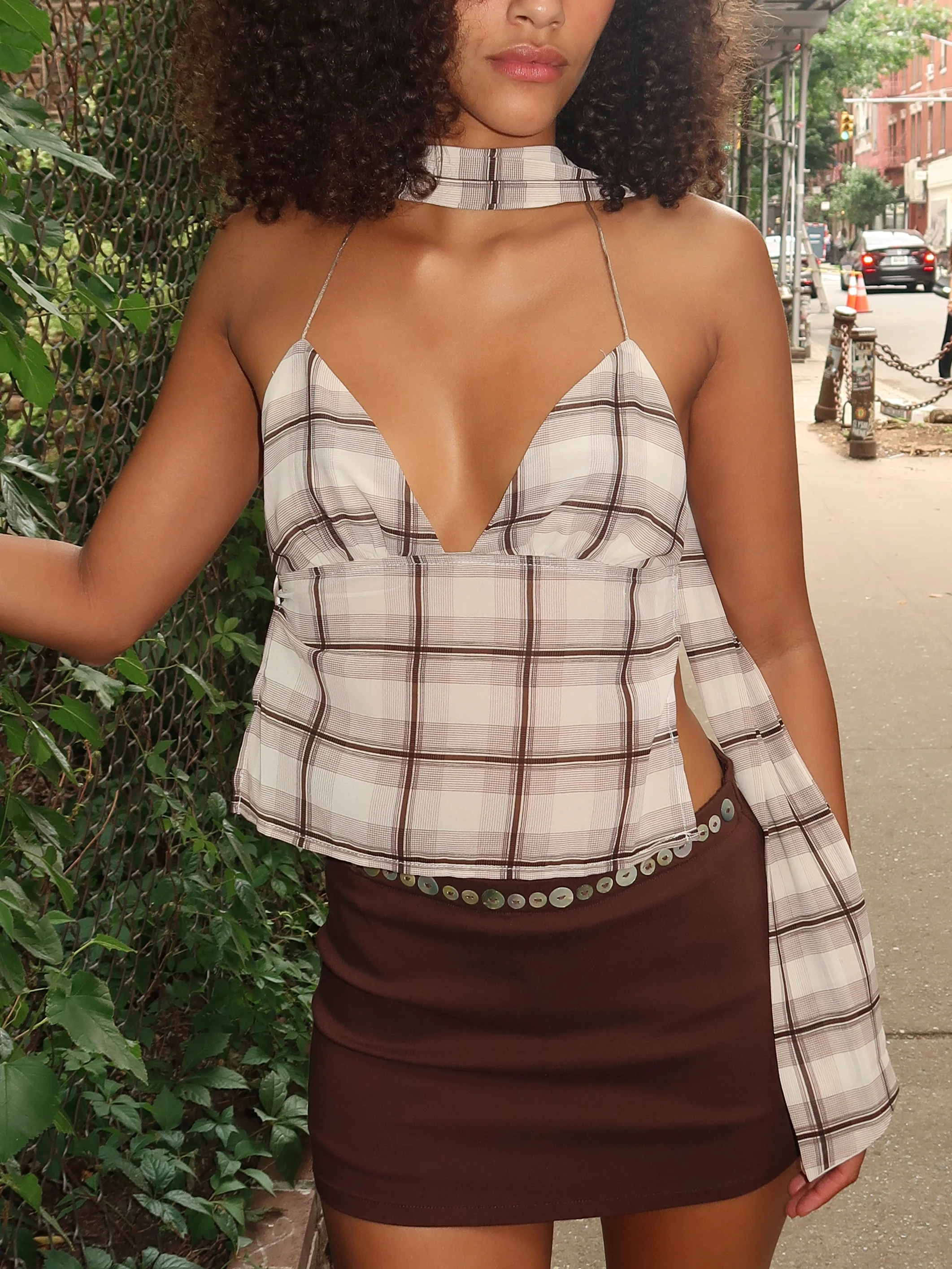 Donatella Scarf Top in Brown Plaid - Image 3