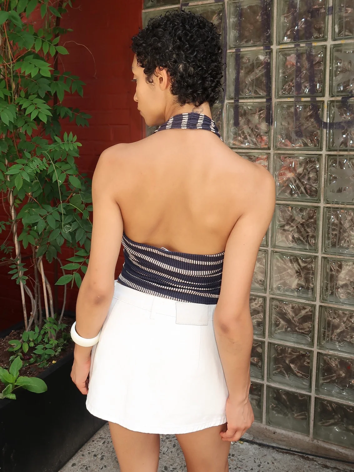 Gigi Button Halter Top in Navy Cream Stripe - Image 3