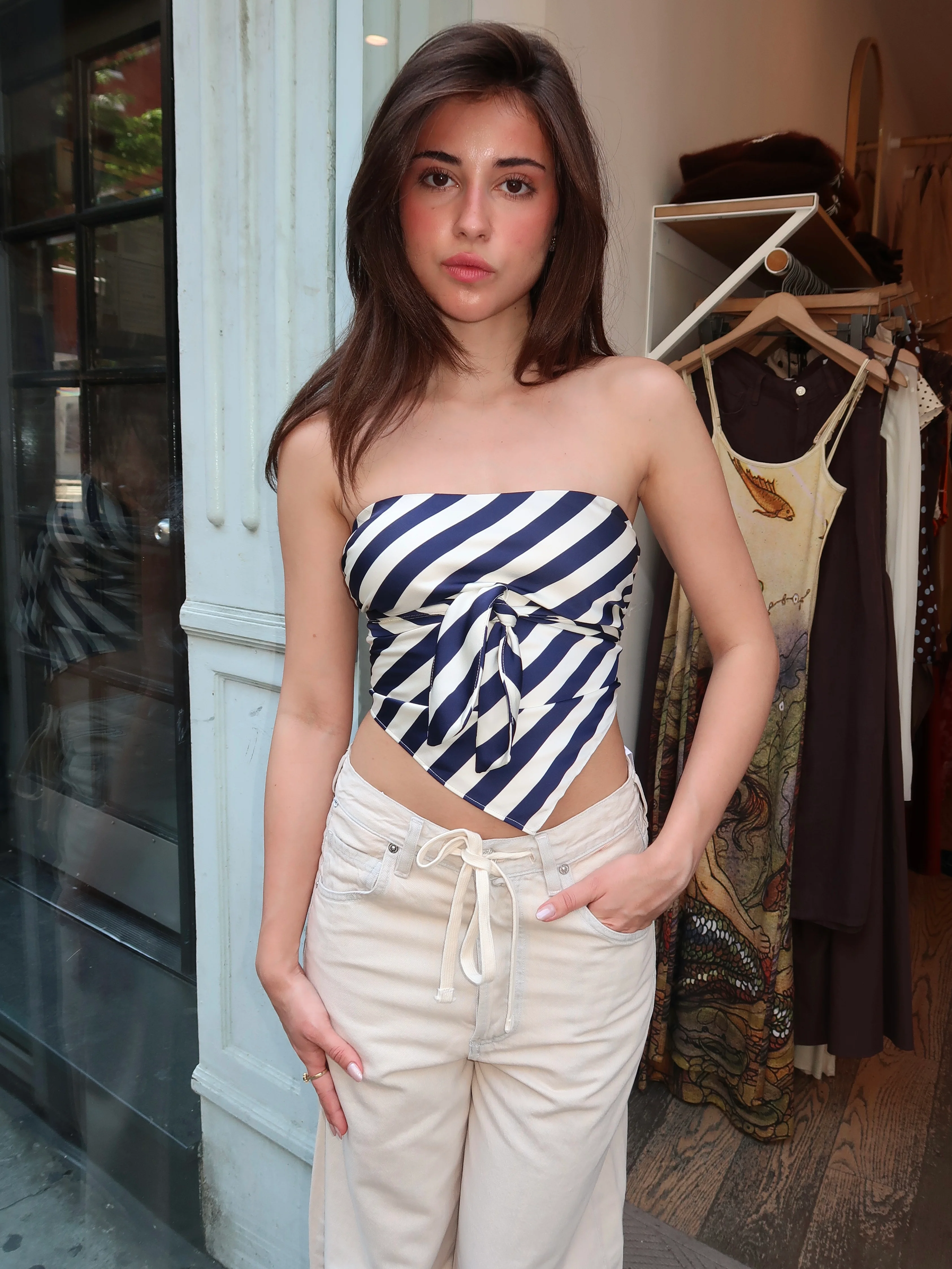 Larsen Strapless Scarf Top in Navy Stripe - Image 2
