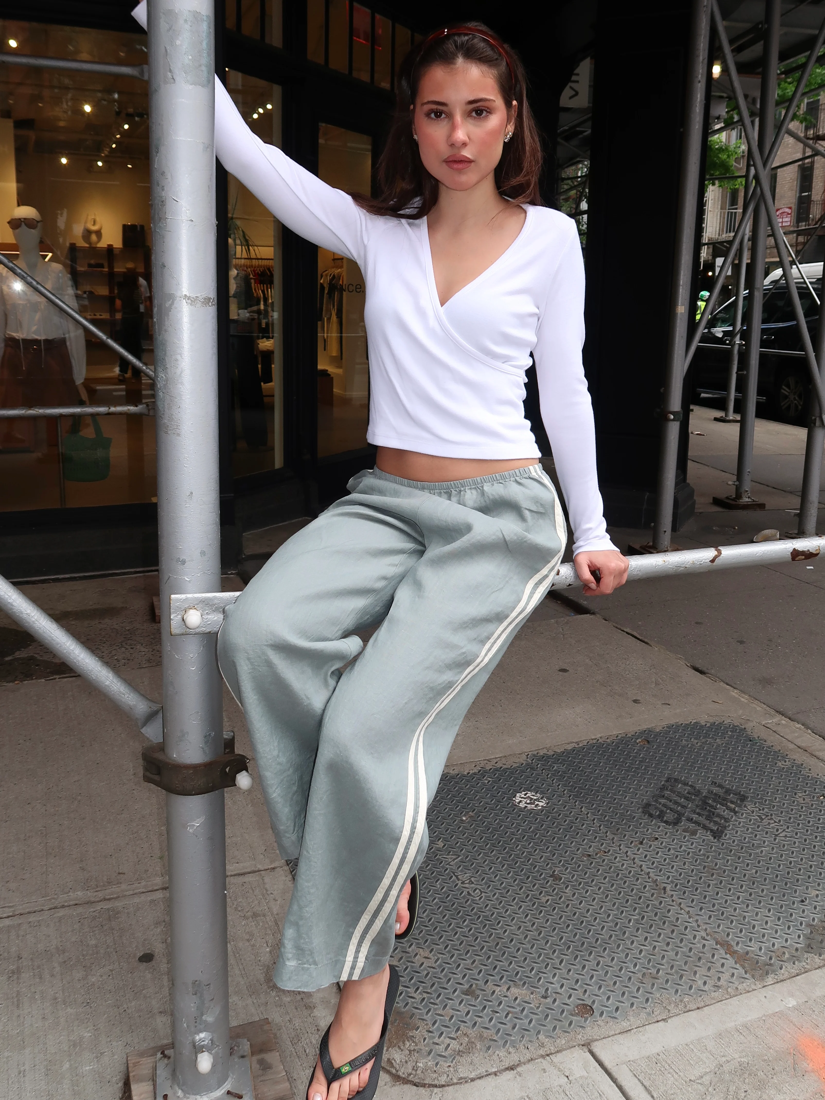 Linen Stripe Crop Racer Pant in Sage