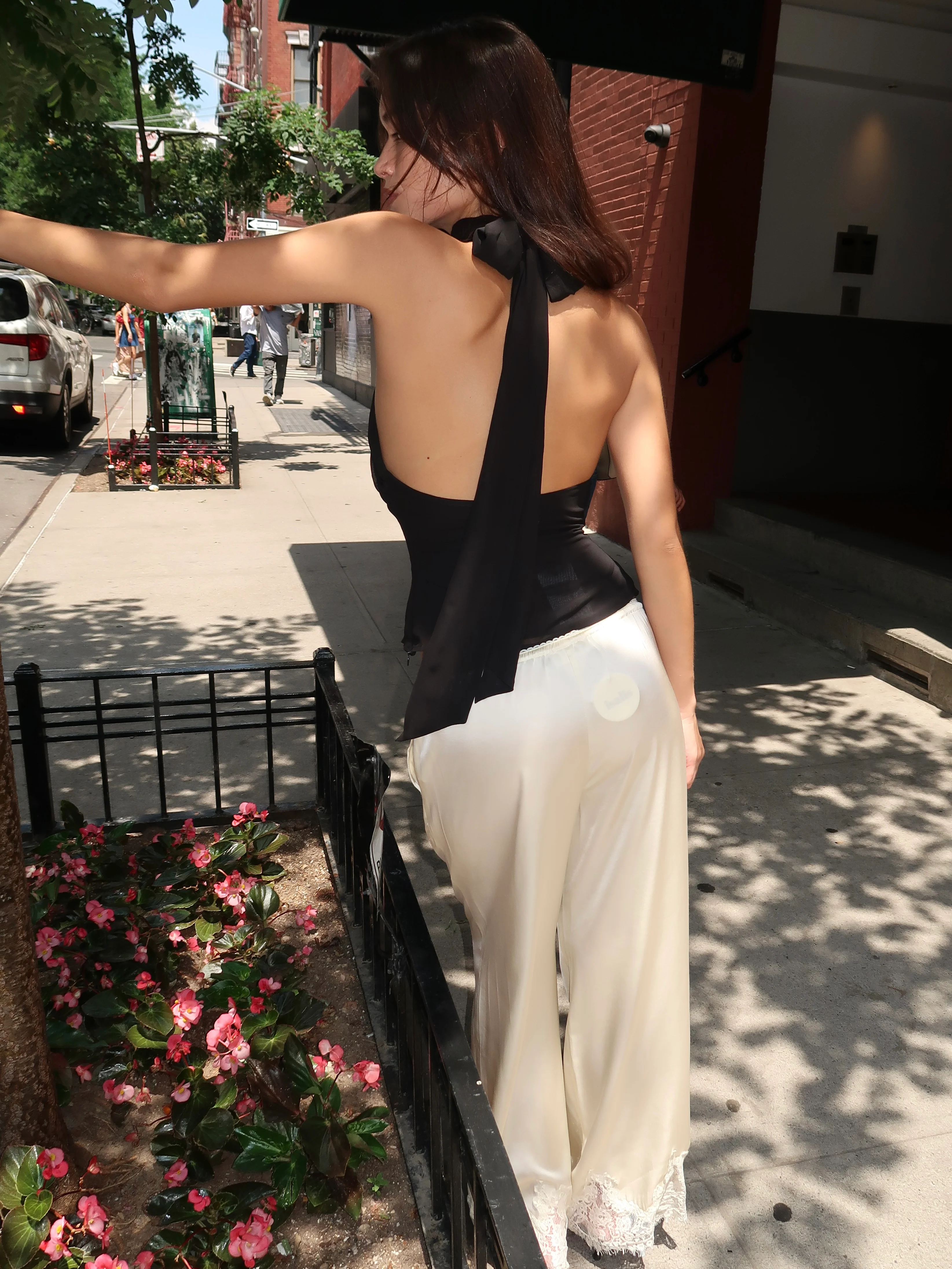 Noelle Silky Lace Trim Pants in Cream - Image 3