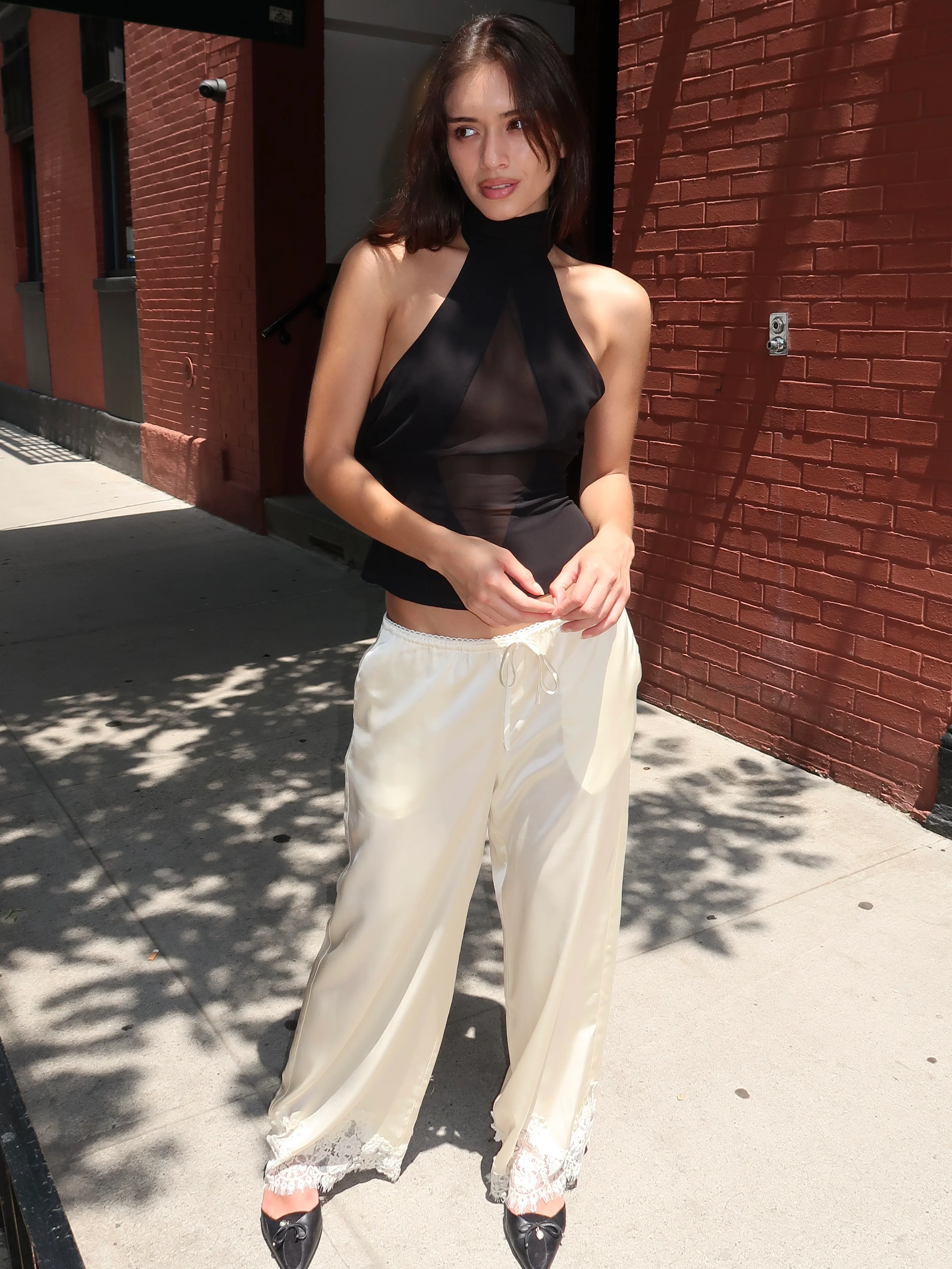 Noelle Silky Lace Trim Pants in Cream - Image 4
