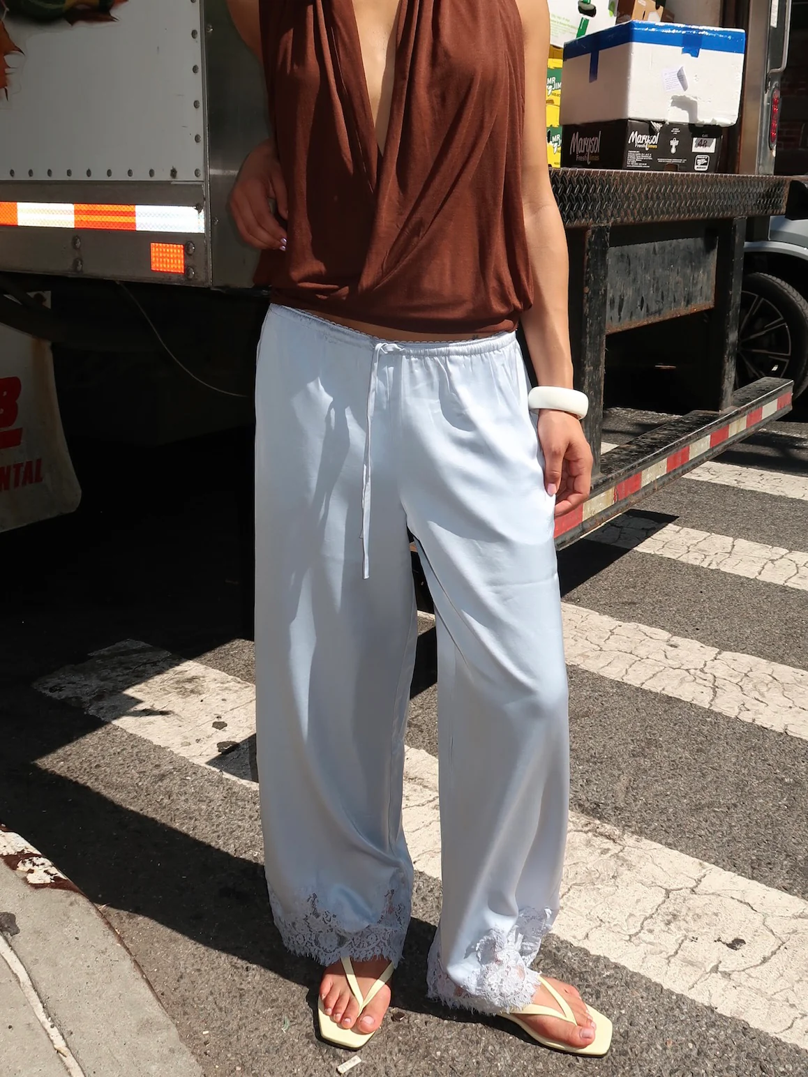 Noelle Silky Lace Trim Pants in Light Blue - Image 2