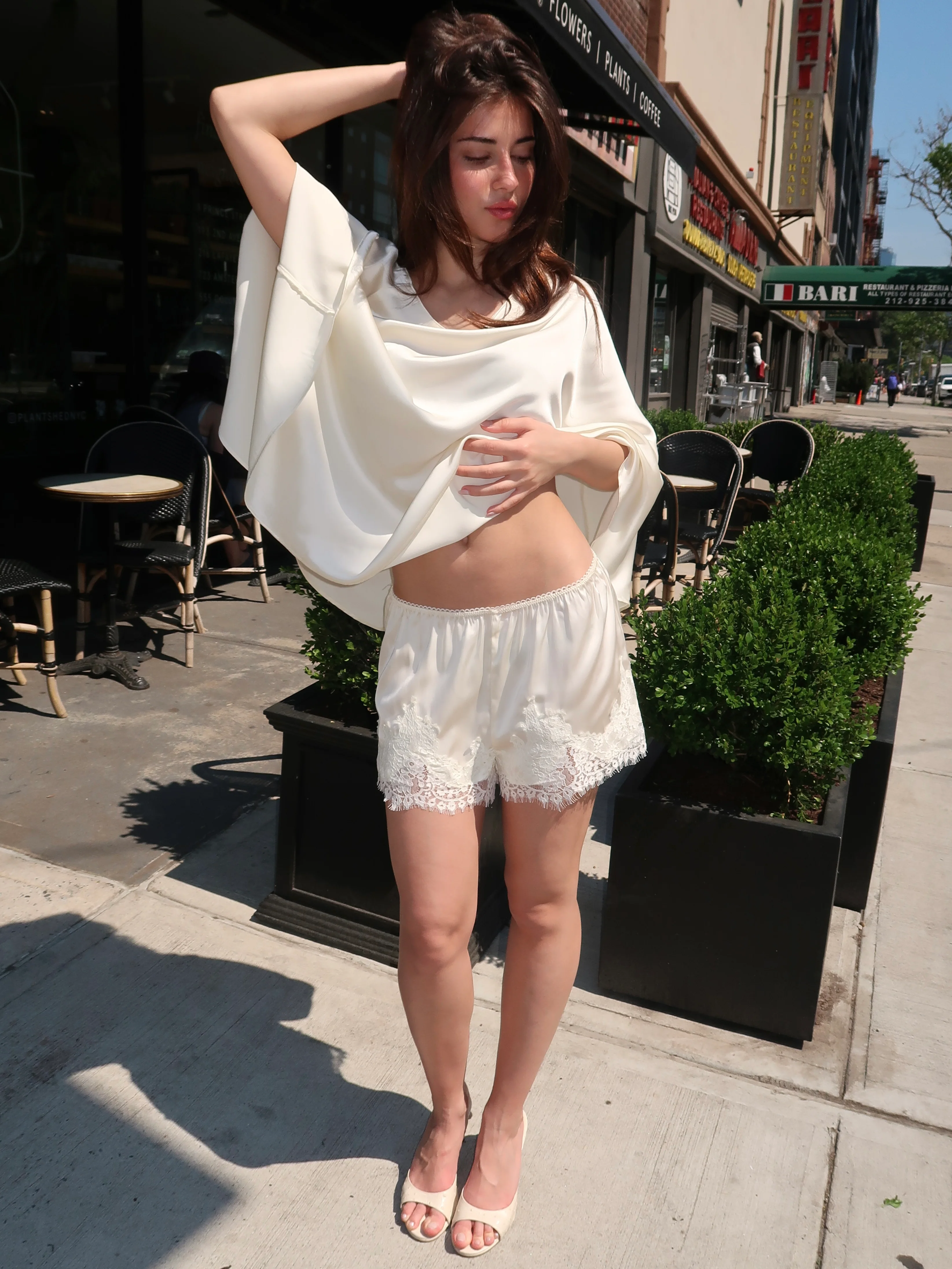 Polly Lace Trim Silky Shorts in Cream