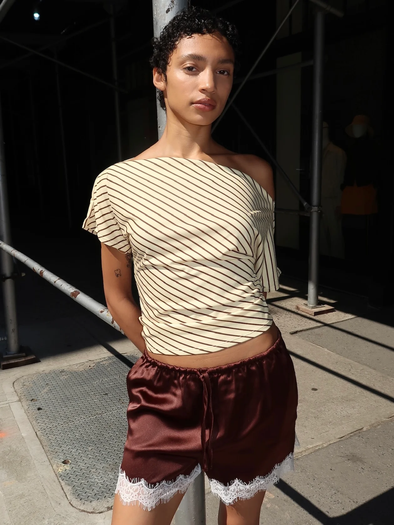 Poppy Cowl Neck Top in Yellow Brown Stripe - Image 2