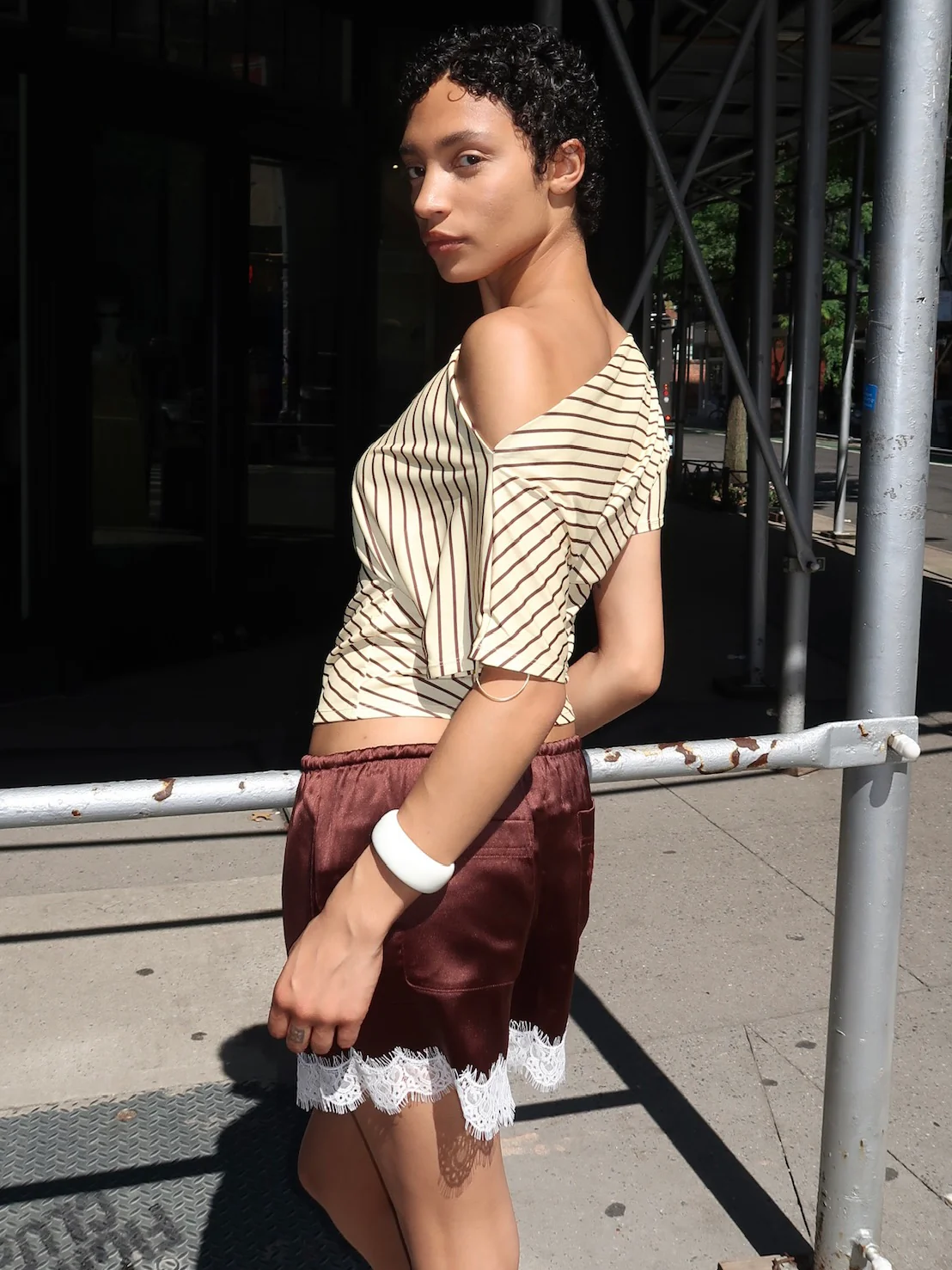 Poppy Cowl Neck Top in Yellow Brown Stripe - Image 3