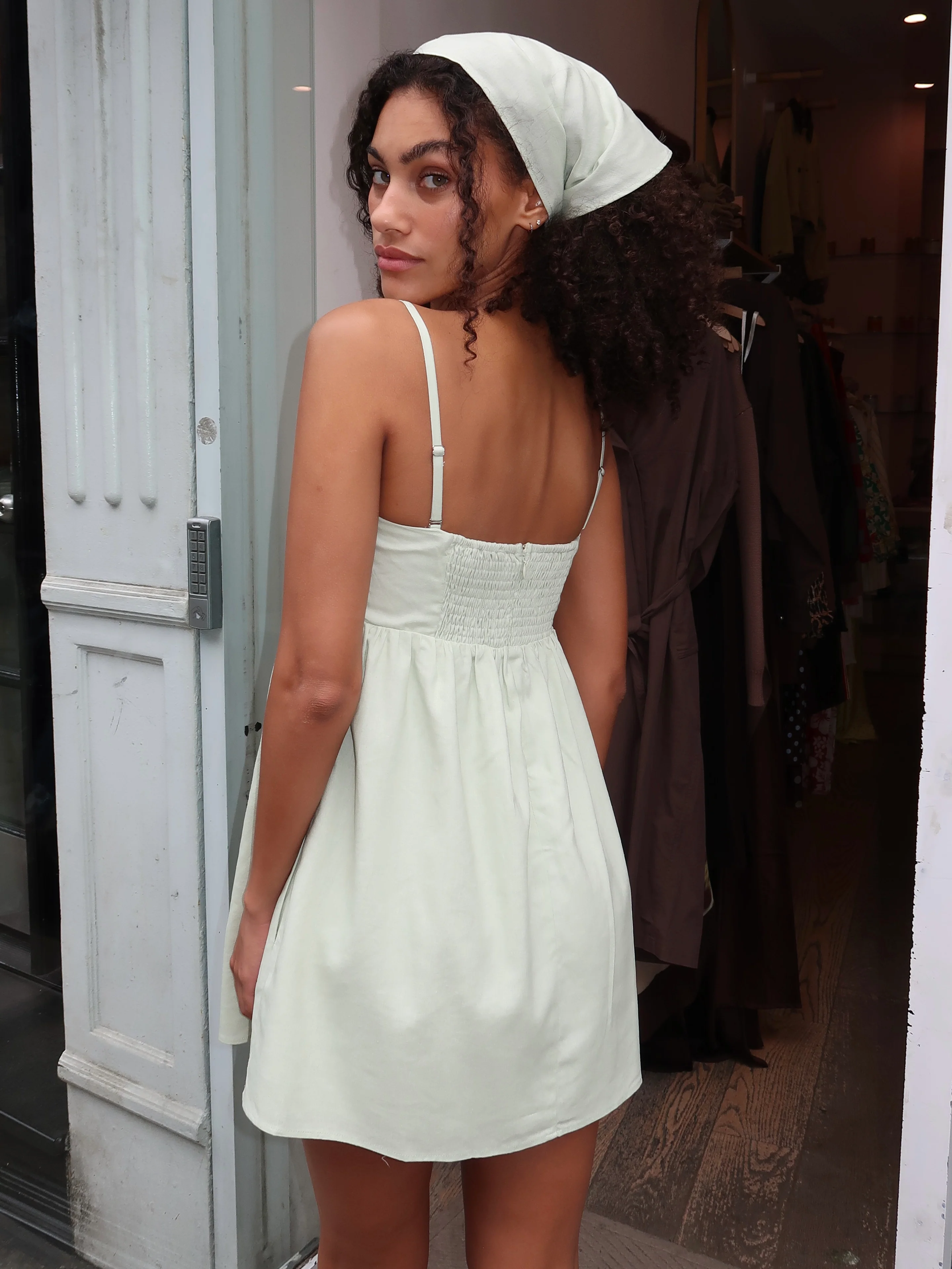 Santos Mini Dress & Headscarf in Sage - Image 3