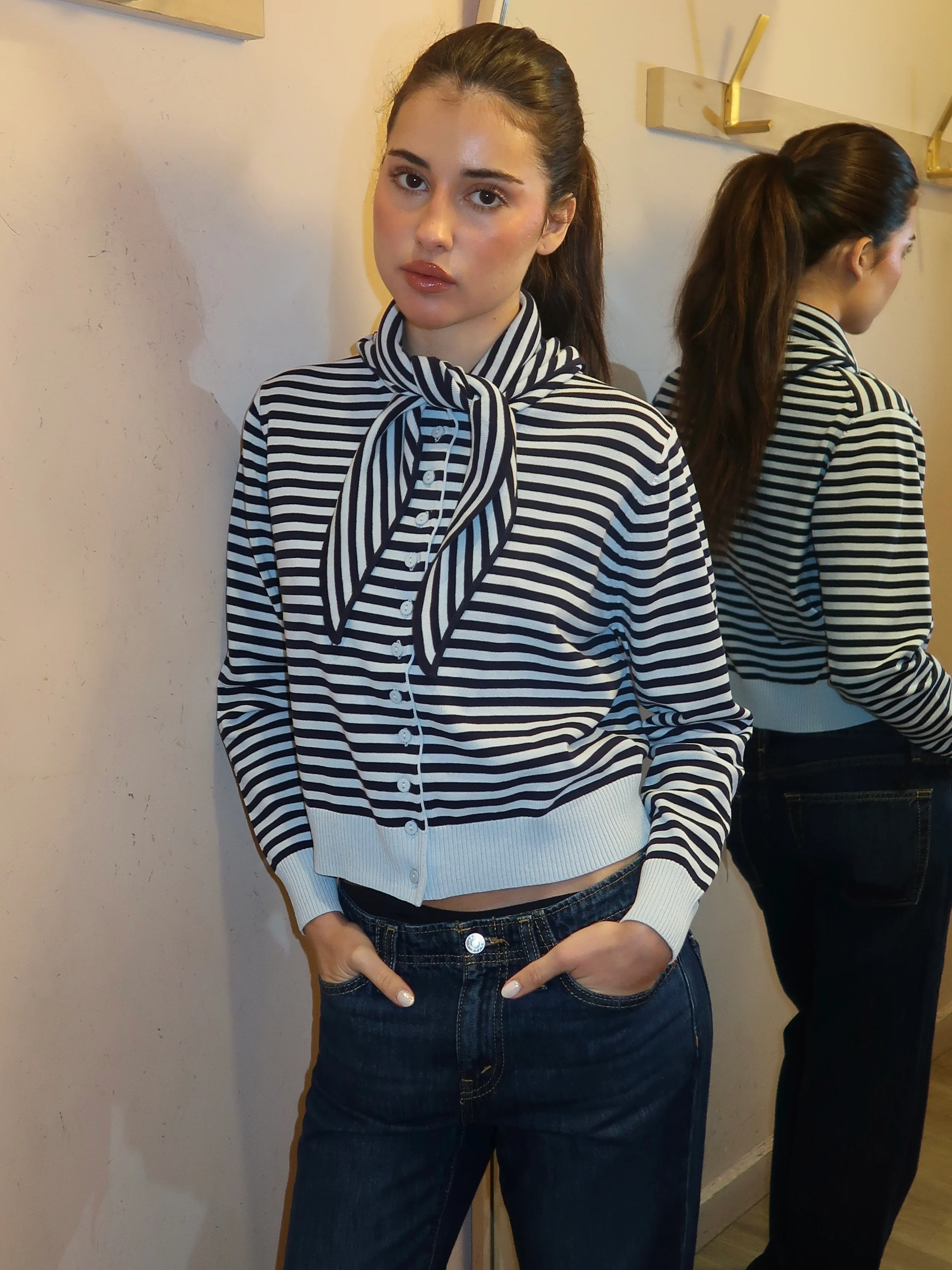 Striped Scarf Neck Lara Cardigan