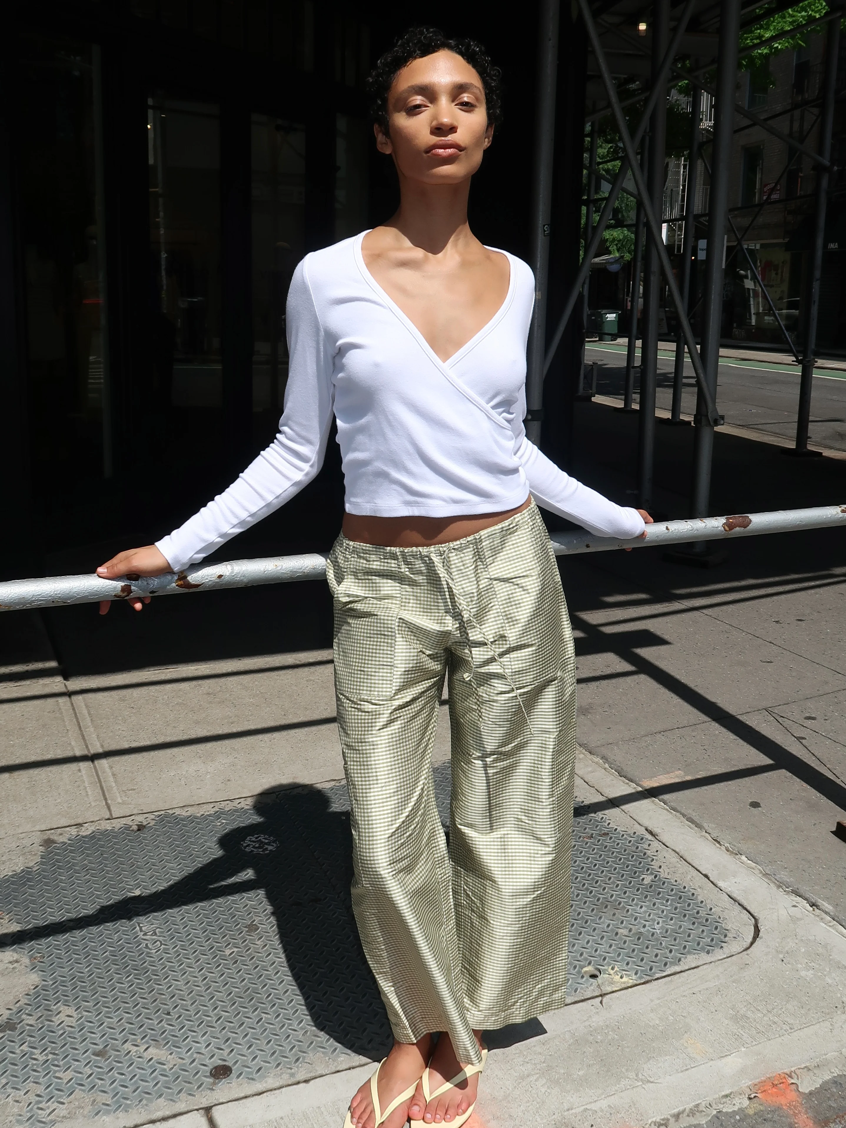Taffeta Gingham Drawstring Cargo Pant in Pistachio - Image 2