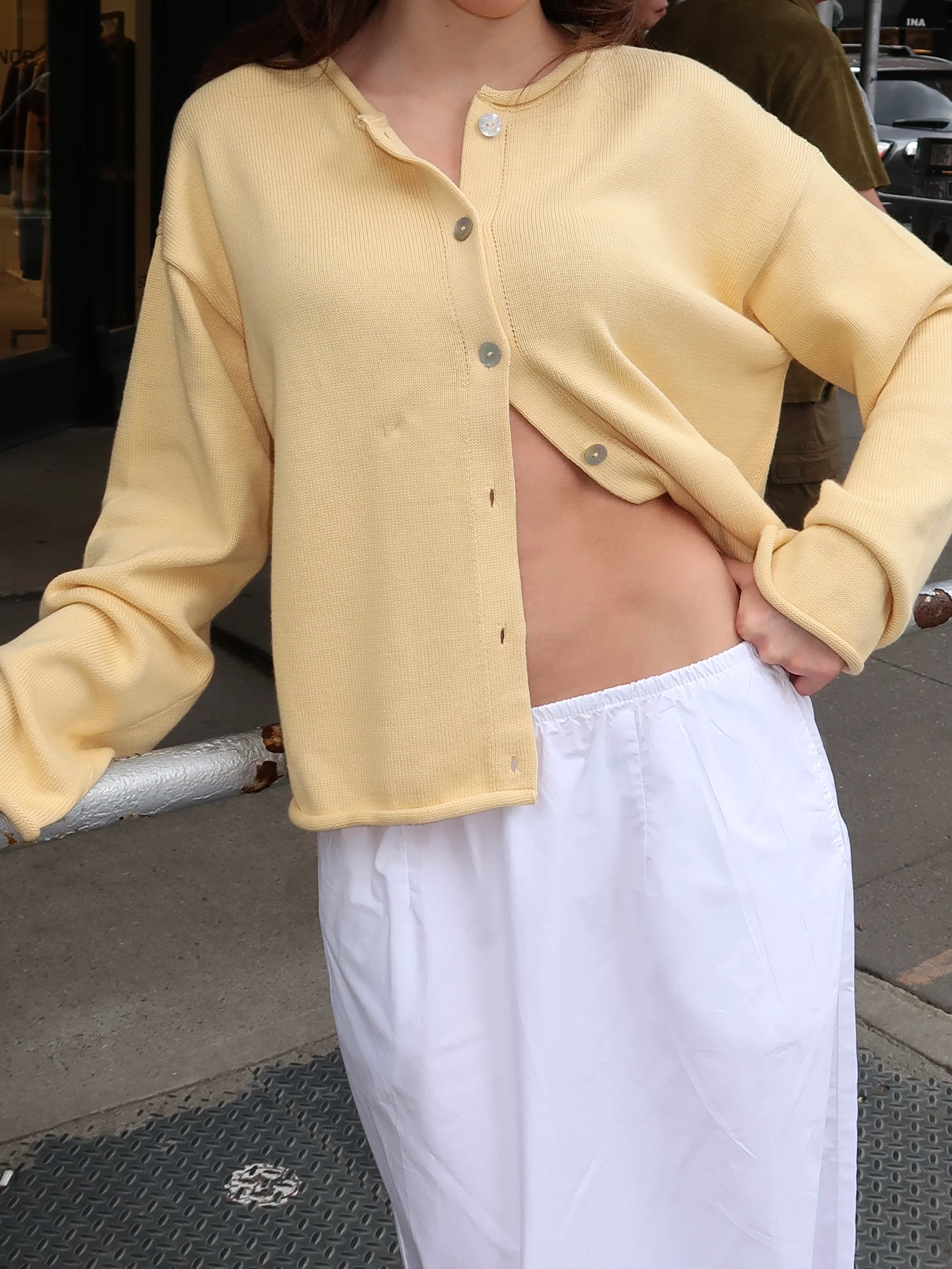 The Cotton Knit Roll Cardigan in Butter - Image 2