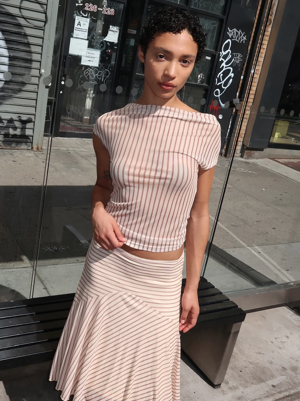 Willow Mesh Cowl Neck Top in Cream Stripe - Image 2