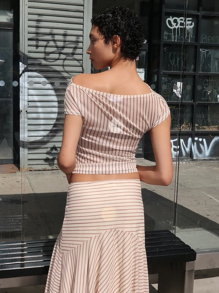 Willow Mesh Cowl Neck Top in Cream Stripe - Image 3